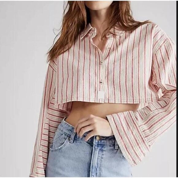 We The Free Tops - Free People We The Free Striped Red Oxford Crop Button Front XS Boxy Top Shirt